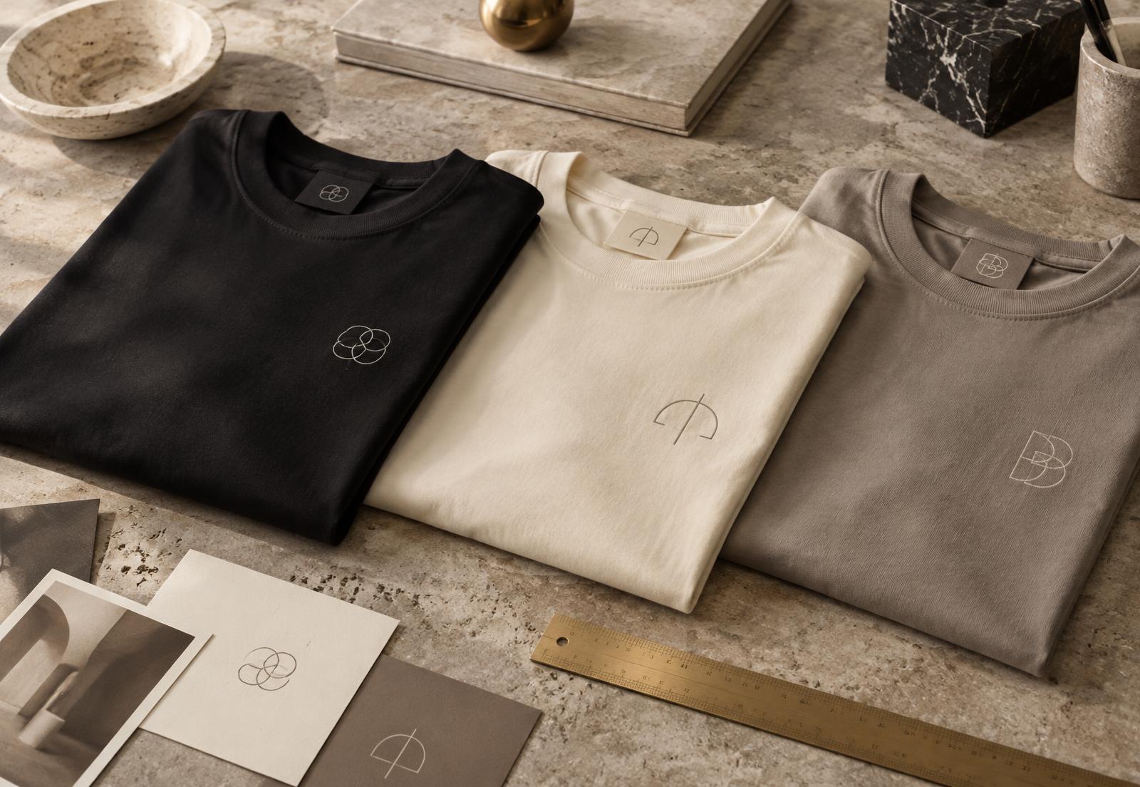 Premium black, ivory, and taupe branded shirts